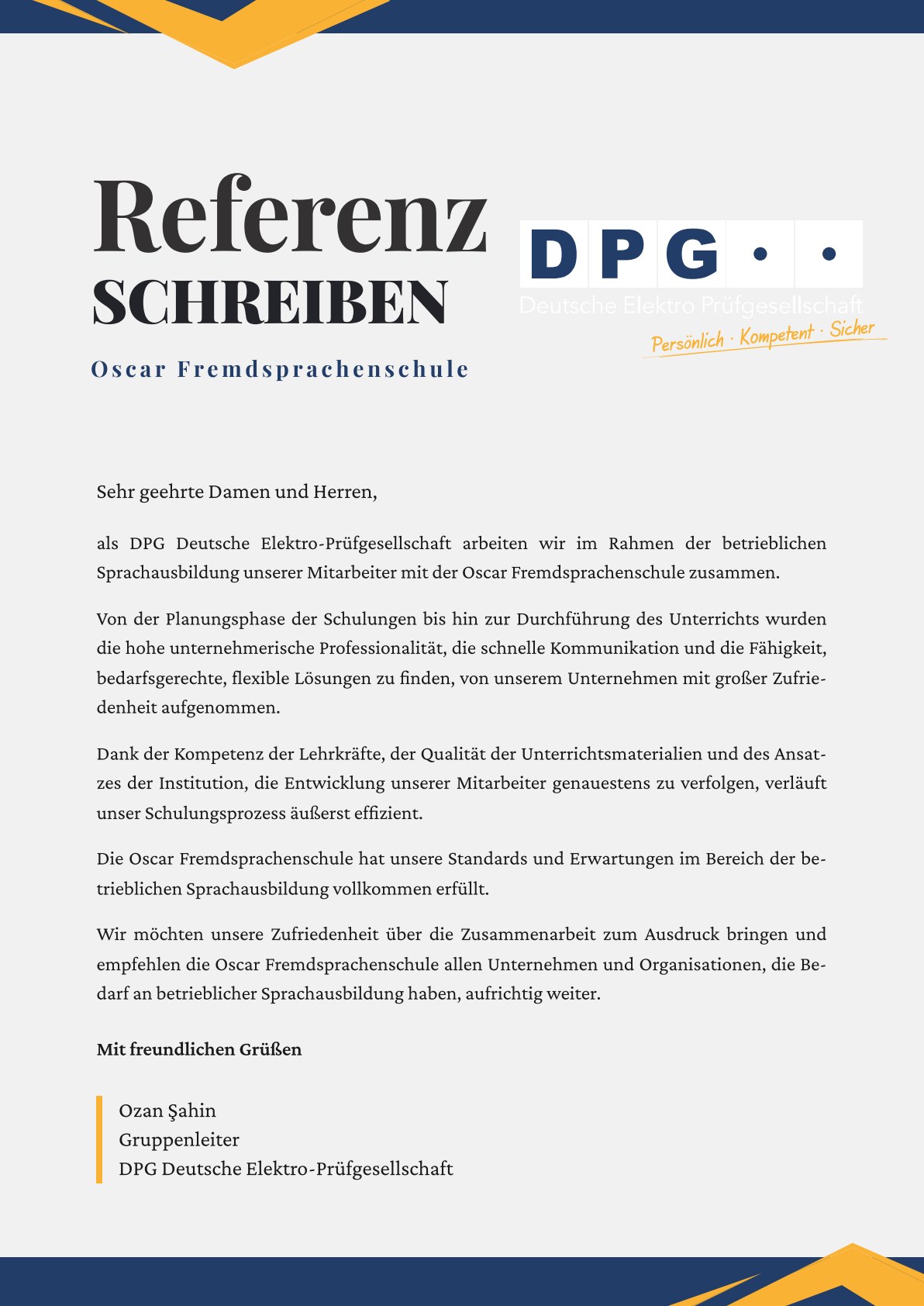 Referenzschreiben der Oscar Fremdsprachenschule (Deutsch)