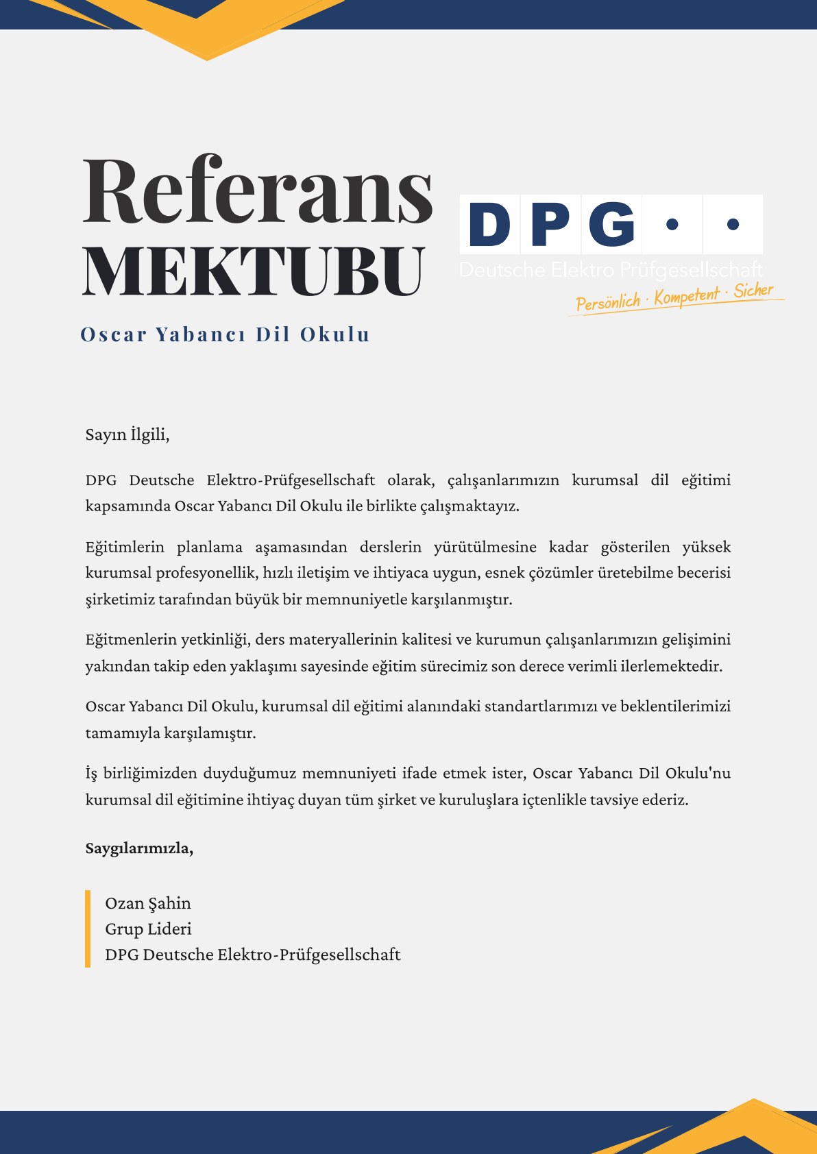 Referenzschreiben der Oscar Fremdsprachenschule (Türkisch)